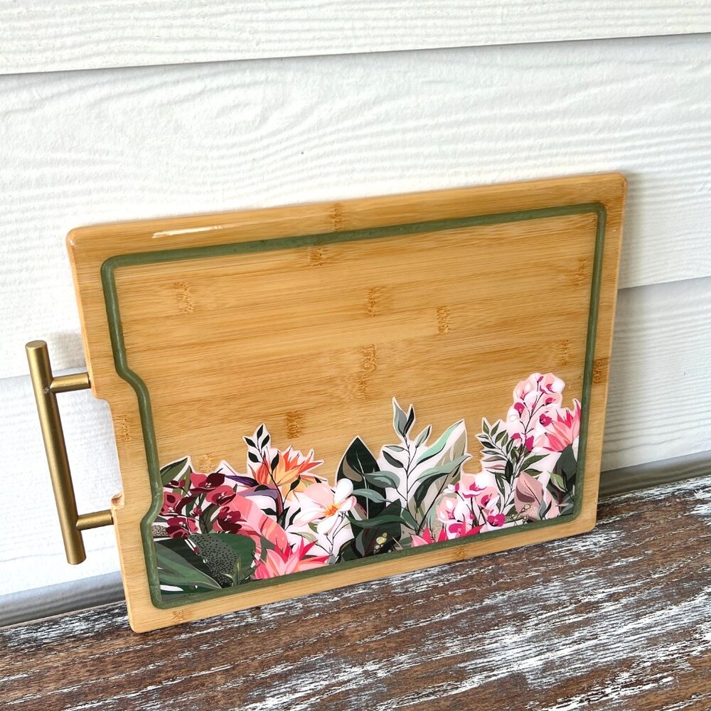 Boho Chic Flowers Resin Wooden Cutting Board Charcuterie Board Handle Cheese - Picture 6 of 6